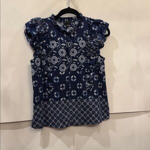Ann Taylor Navy Floral Ruffle Blouse